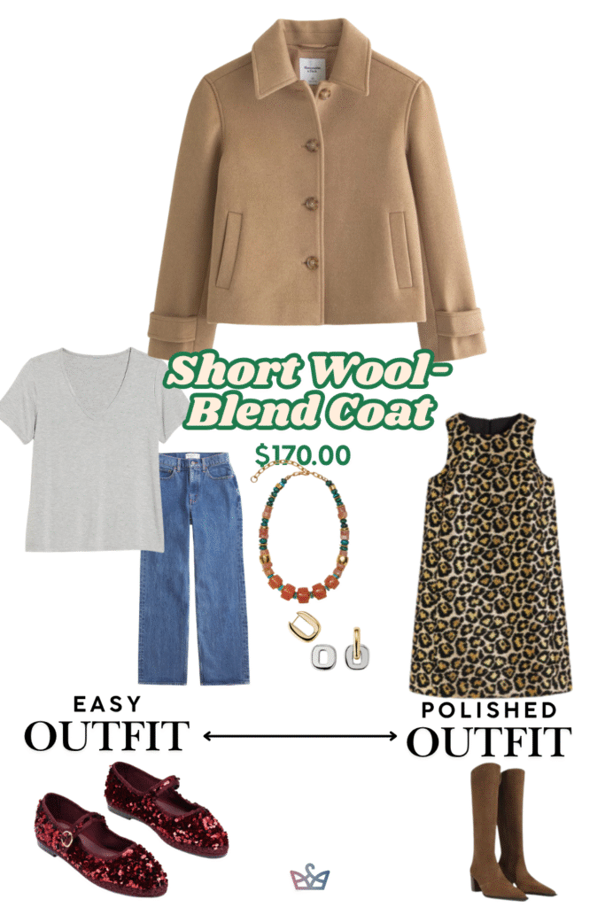 A collage showing how to style a beige zip front jacket The casual look features a t shirt and jeans The polished look layers it over a colorful patterned dress