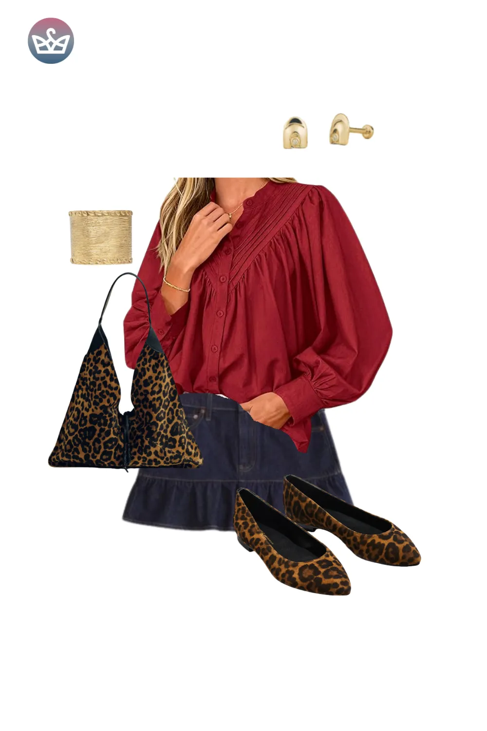 Red blouse with navy mini skirt, leopard flats, and gold accessories for fall.