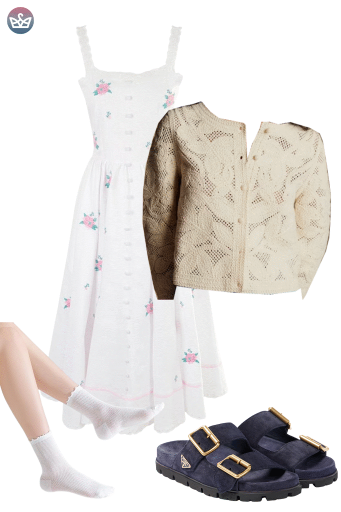 How to style cardigans over summer clothes cardigan outfit ideas that keep you cool and look pulled together 21 adjust my crown A white midi sundress with pink rose embroidery styled with a cropped cream colored open weave knit cardigan The look is grounded by dark navy suede buckled slide sandals worn with white ruffled ankle socks