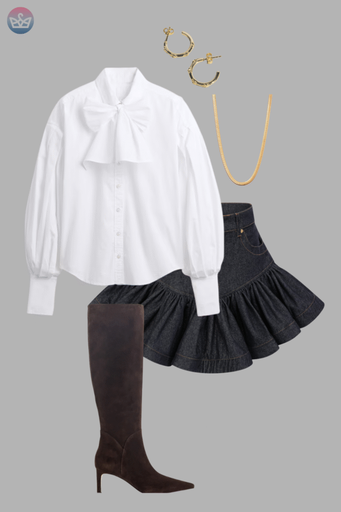 Modern and fresh how to style a white shirt like a pro 21 adjust my crown A sophisticated outfit showing how to style a white shirt a white pussy bow blouse paired with a black pleated mini skirt and tall brown high heel boots
