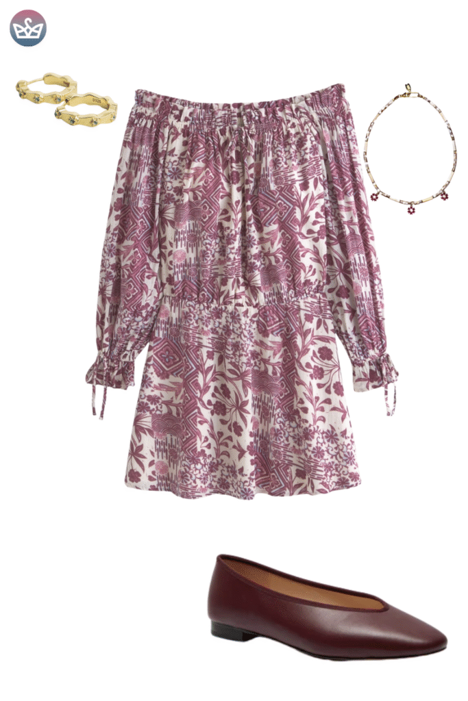 Feminine fall outfit featuring an off the shoulder mauve floral print mini dress with puff sleeves styled with gold cuff bracelets and a delicate necklace The look is anchored by chic deep burgundy leather ballet flats a comfortable and polished footwear choice for an early autumn dress look