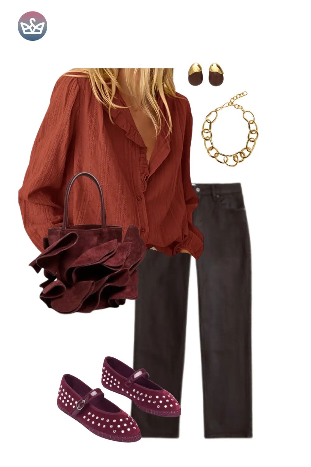 Burnt orange blouse paired with brown pants, purple loafers, and a ruffled bag.