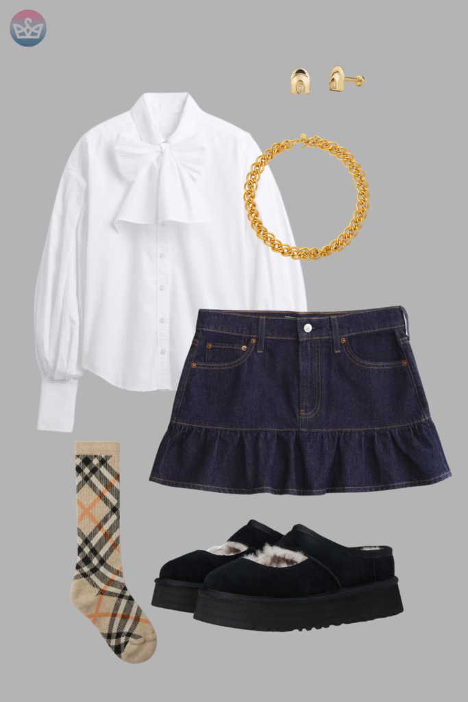 Modern and fresh how to style a white shirt like a pro 22 adjust my crown A trendy preppy look demonstrating how to style a white shirt a white pussy bow blouse with a dark denim mini skirt plaid socks and black platform shoes