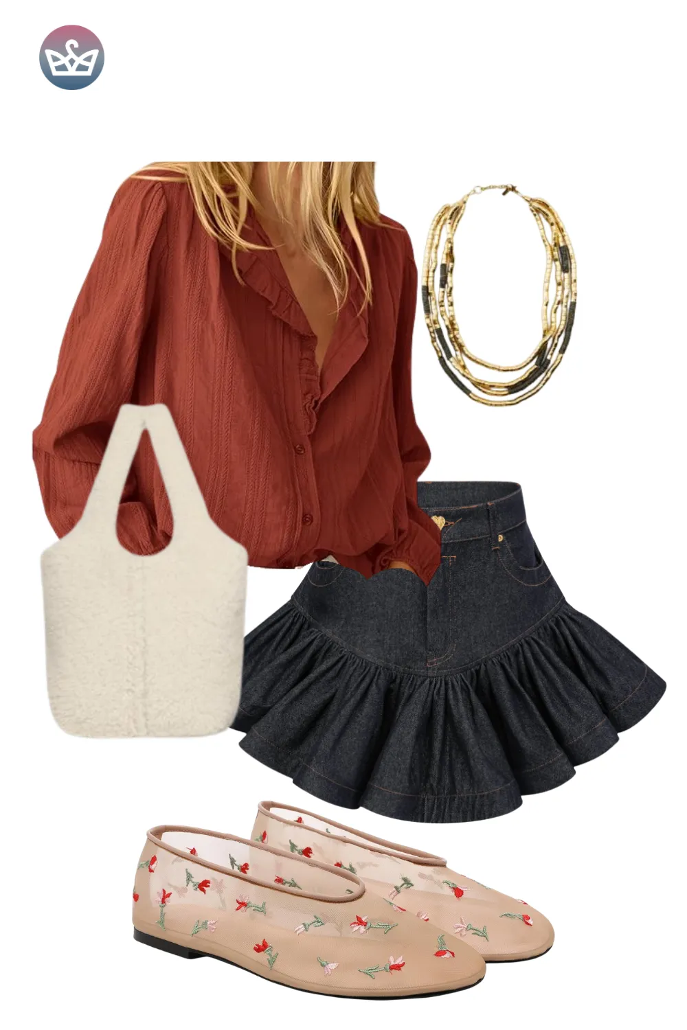Rust blouse with black mini skirt, blush loafers, and gold hoop earrings.