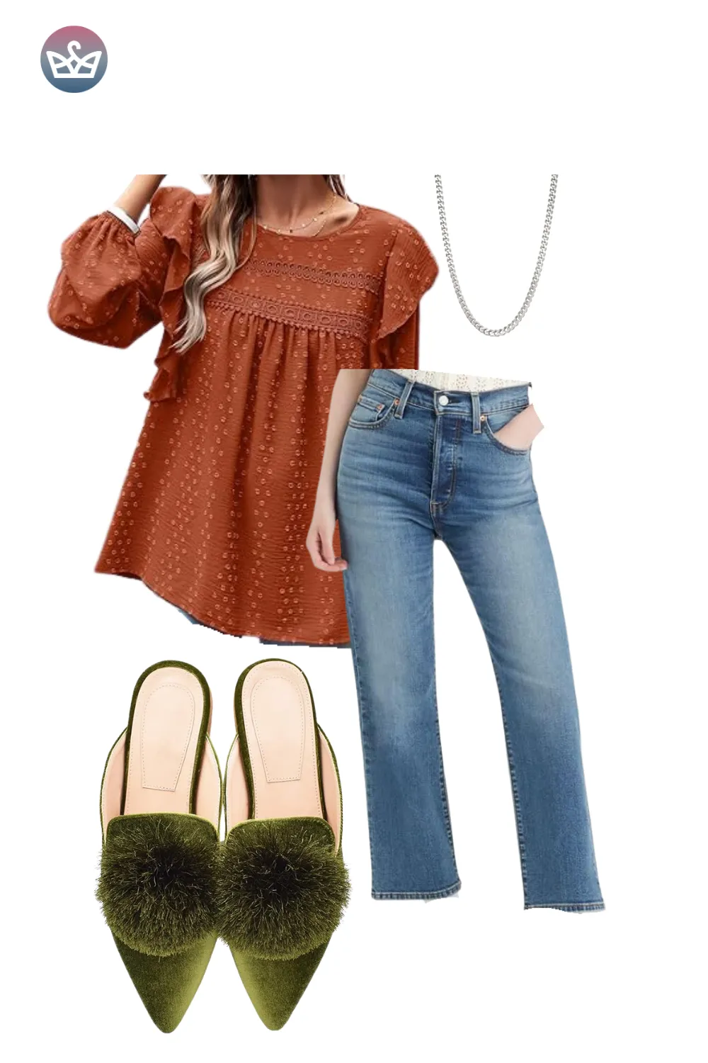 Rust peasant blouse with blue jeans and olive green velvet mules.