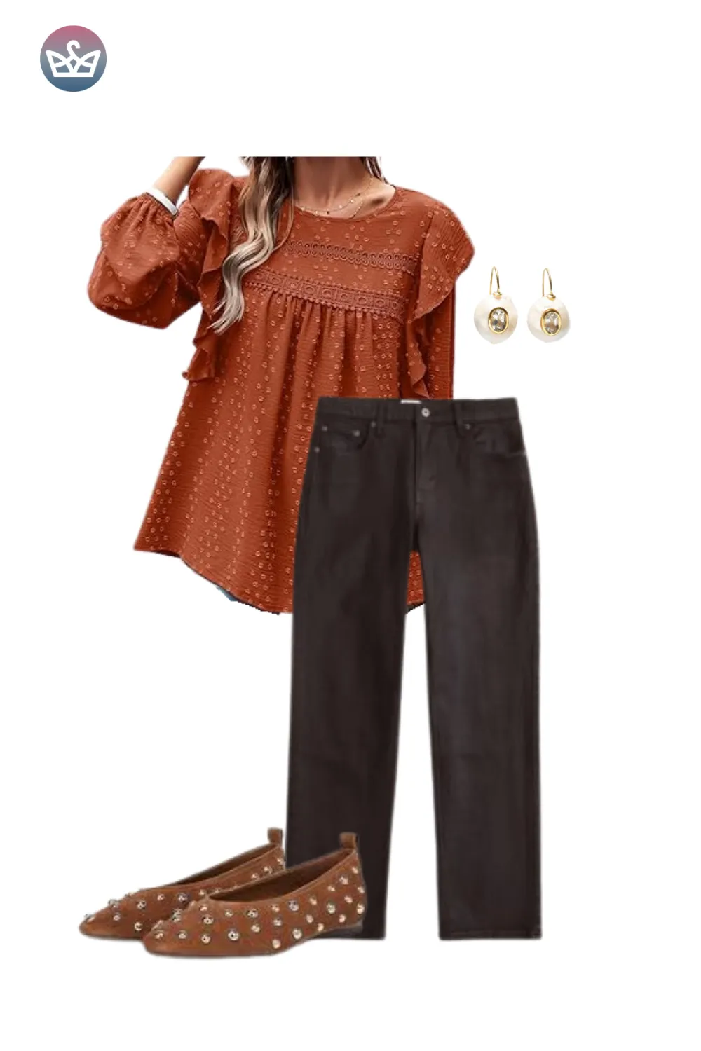 Rust blouse paired with brown trousers and studded loafers for a polished fall look.