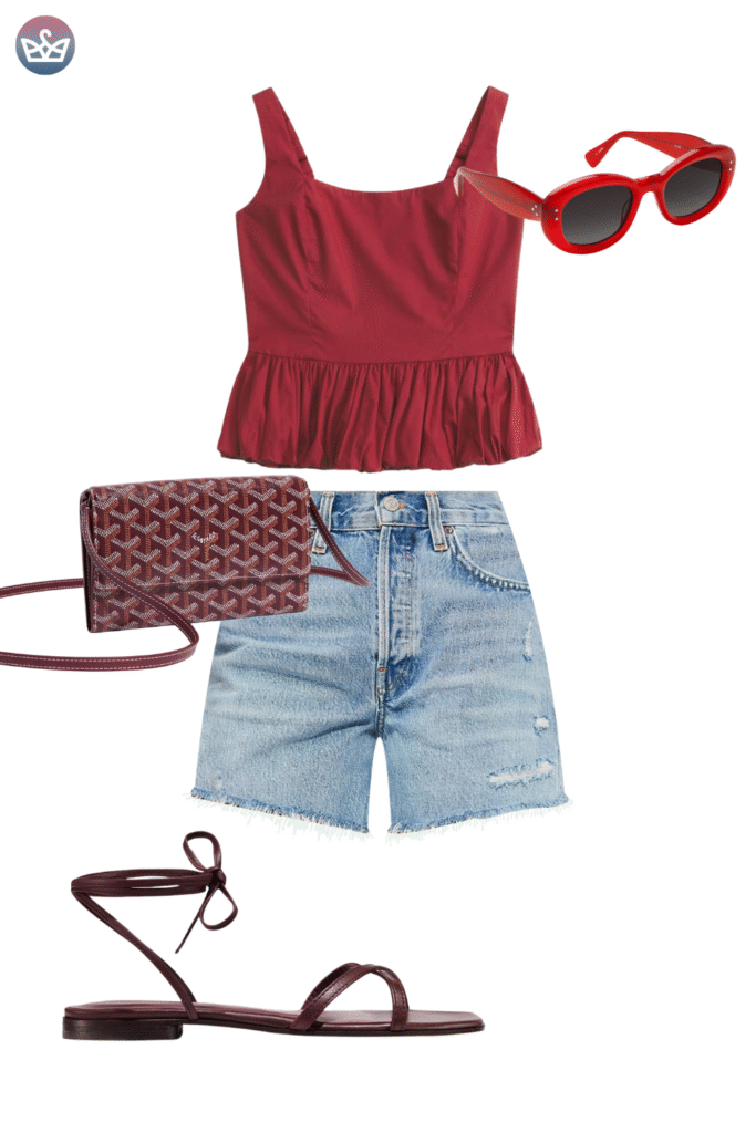 Vibrant casual fall outfit featuring a red peplum camisole top light wash denim shorts bold red sunglasses and a patterned crossbody bag The look is completed with chic dark leather ankle tie sandals This combination is perfect for the hottest part of early autumn keeping the focus on light flat footwear