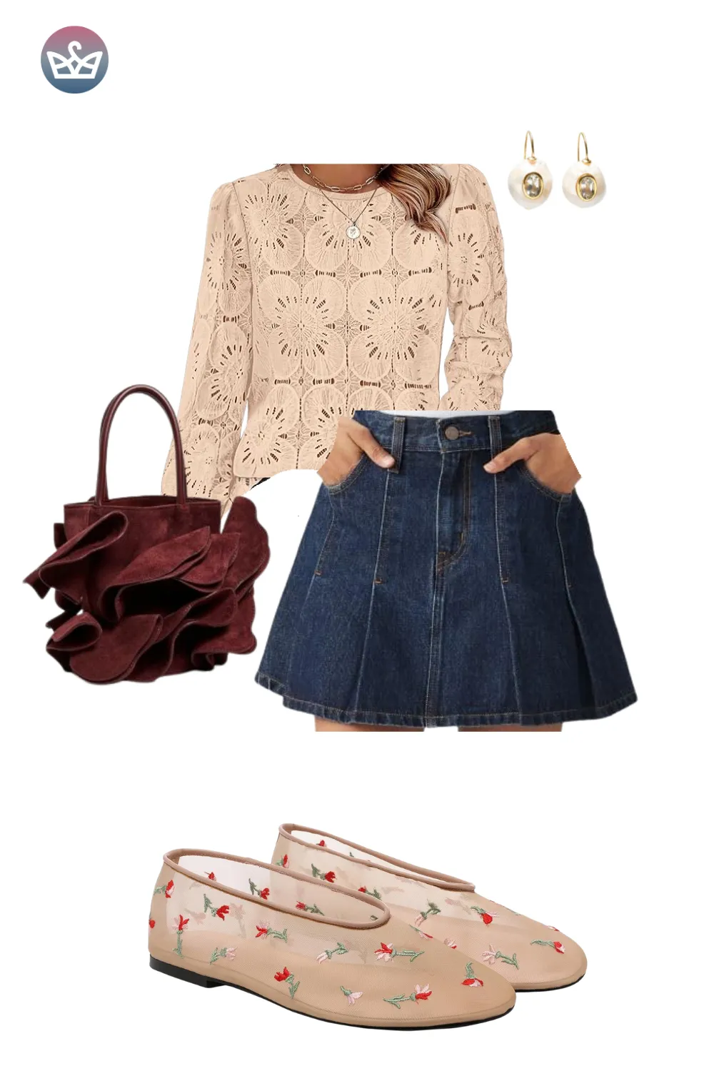 Cream printed blouse with denim skirt, blush loafers, and red handbag.