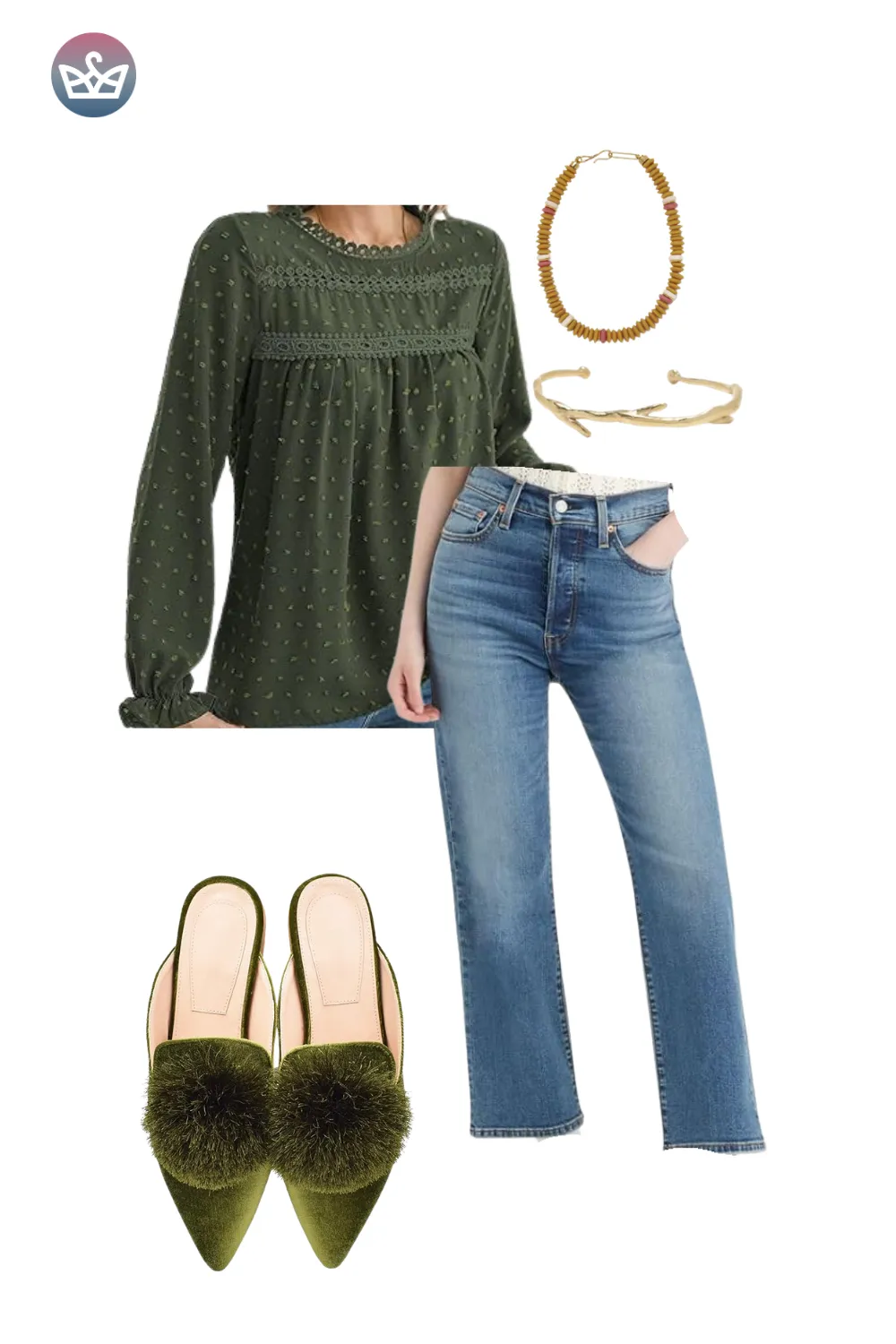 Olive smocked blouse paired with denim jeans and green velvet mules.