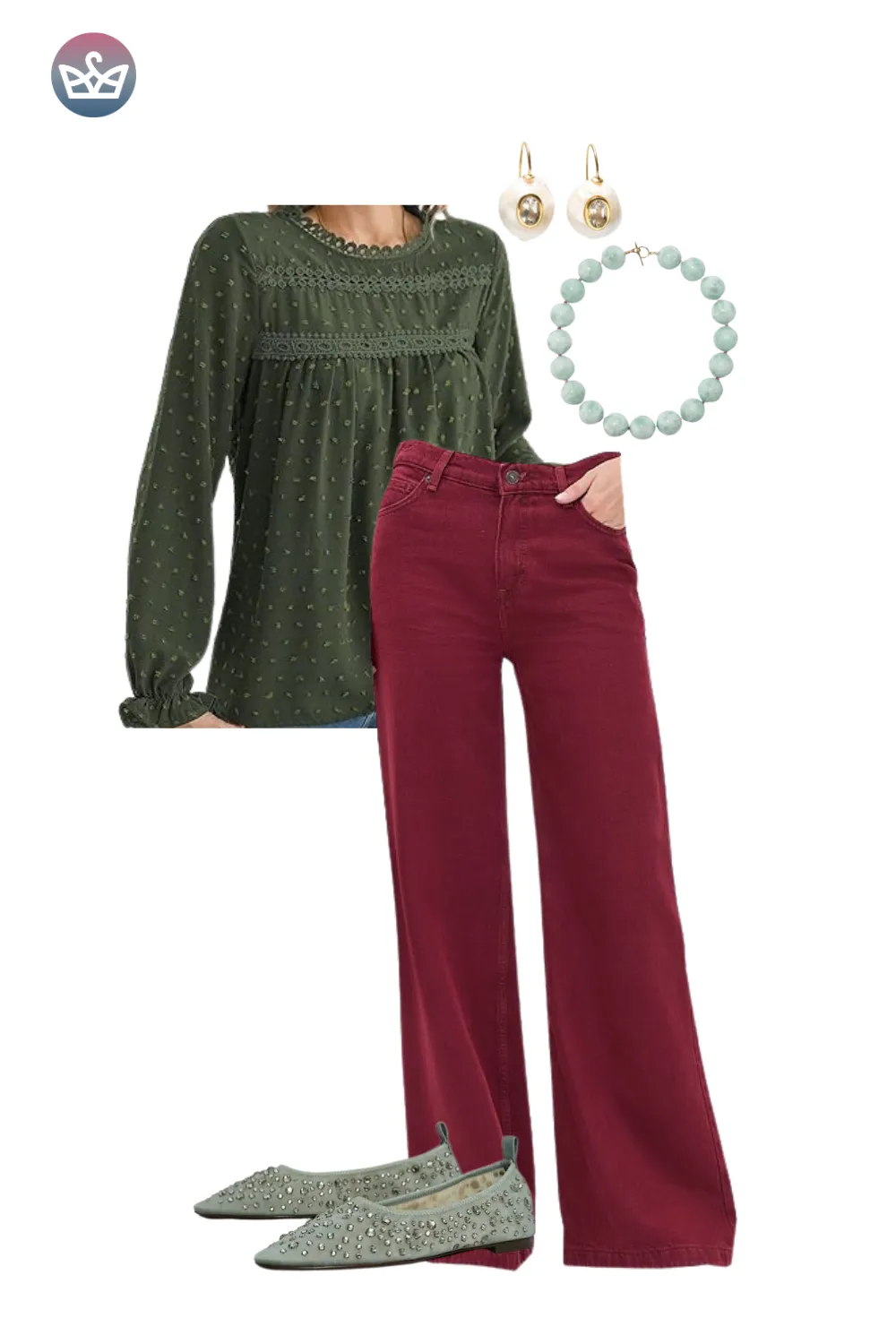 Olive blouse with burgundy pants and gray loafers for an autumn outfit.