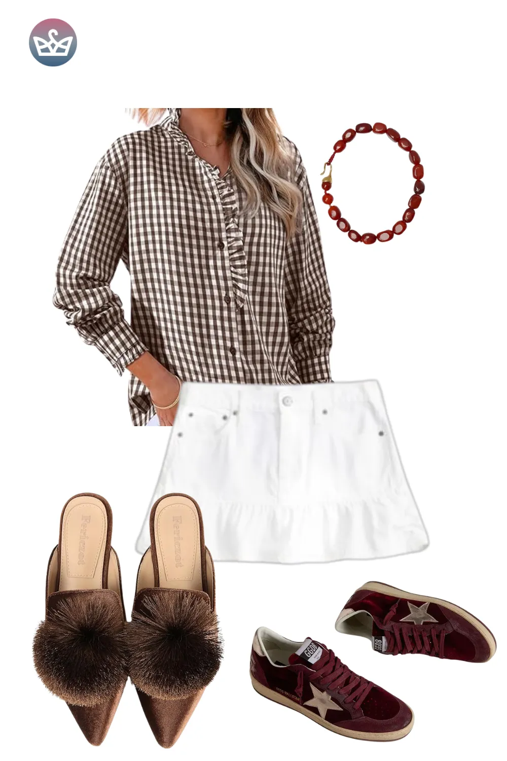 Brown gingham blouse with white skirt and burgundy loafers for a feminine fall look.