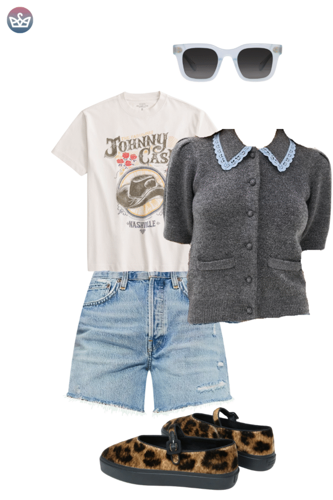 How to style cardigans over summer clothes cardigan outfit ideas that keep you cool and look pulled together 3 adjust my crown A casual yet preppy cardigan outfit idea featuring a white'Johnny Cash Nashville' graphic t-shirt and distressed denim shorts, layered with a fitted, short-sleeved grey cardigan with a light blue lace collar. White sunglasses and leopard print Mary Jane platform flats complete this layered look.