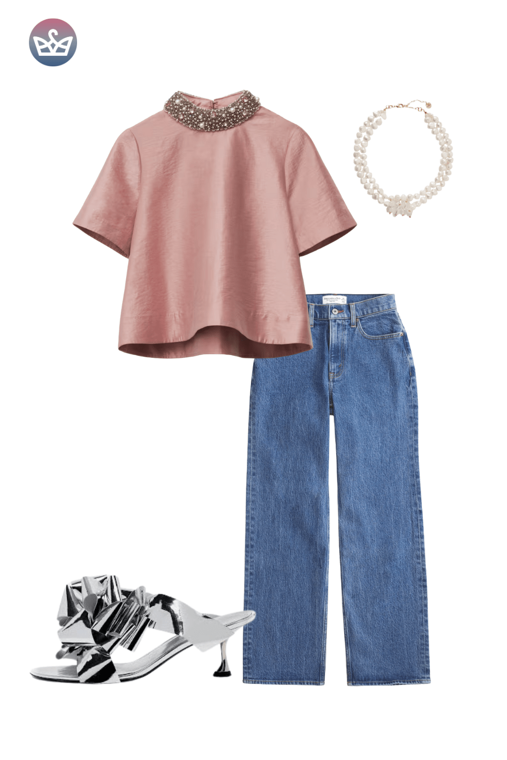 Pink pearl collar top, wide-leg jeans, chunky silver sneakers, and a pearl necklace.