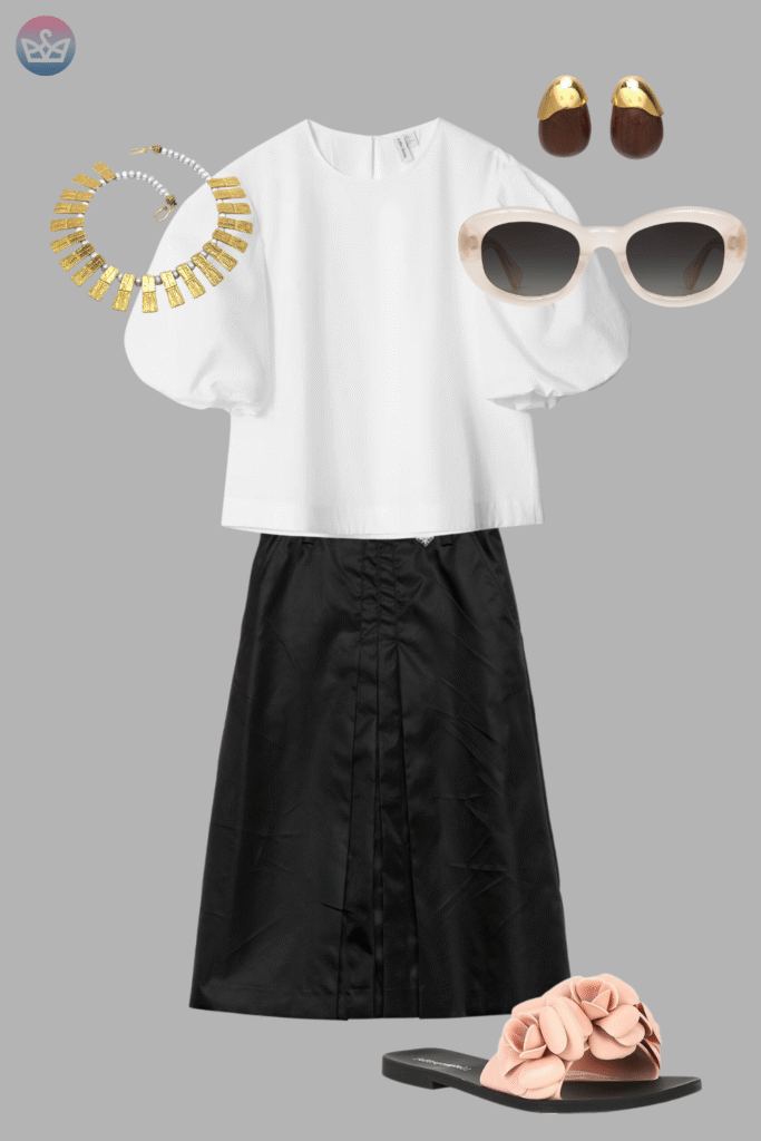 Modern and fresh how to style a white shirt like a pro 3 adjust my crown A sophisticated way to style a white shirt a short sleeve puff sleeve white top with a black maxi skirt light pink flat sandals sunglasses and gold hoop earrings