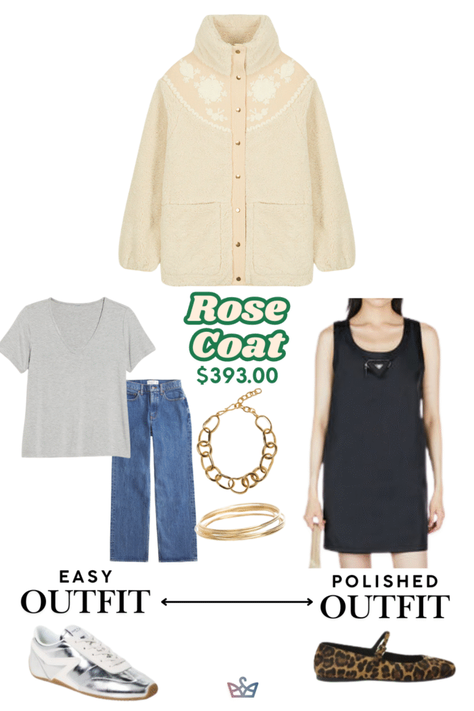 A styling collage for a cream colored women's winter coat. The casual option includes a t-shirt, jeans, and sneakers. The dressy option pairs it with a black dress and heeled shoes.