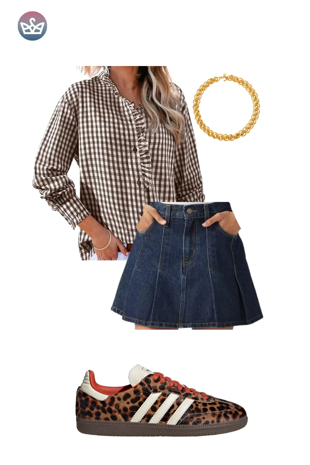 Brown gingham blouse with denim skirt and animal-print sneakers.