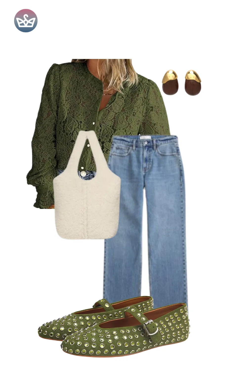 Olive blouse with wide-leg jeans, brown earrings, and green studded flats.