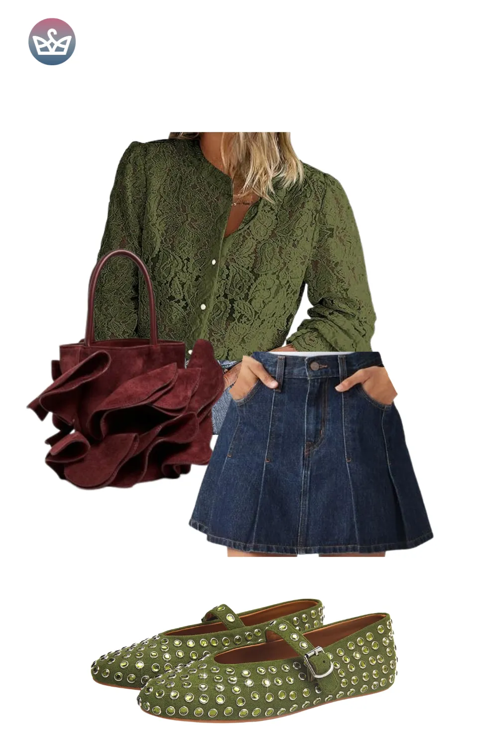 Olive blouse paired with denim skirt, red ruffle handbag, and green studded flats.