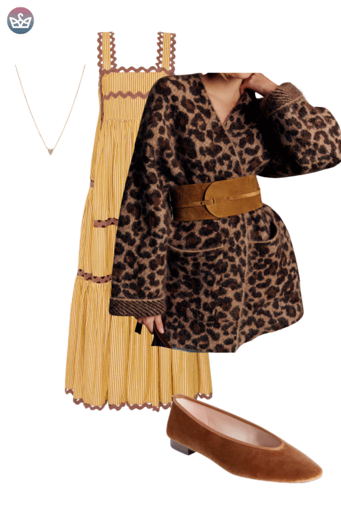 How to style cardigans over summer clothes cardigan outfit ideas that keep you cool and look pulled together 33 adjust my crown A bohemian inspired outfit featuring a long tiered sundress in a yellow and orange stripe pattern with brown scalloped trim It's layered with a loose, leopard print cardigan, cinched at the waist with a wide brown belt. The look is accessorized with a delicate silver pendant necklace and brown velvet ballet flats.