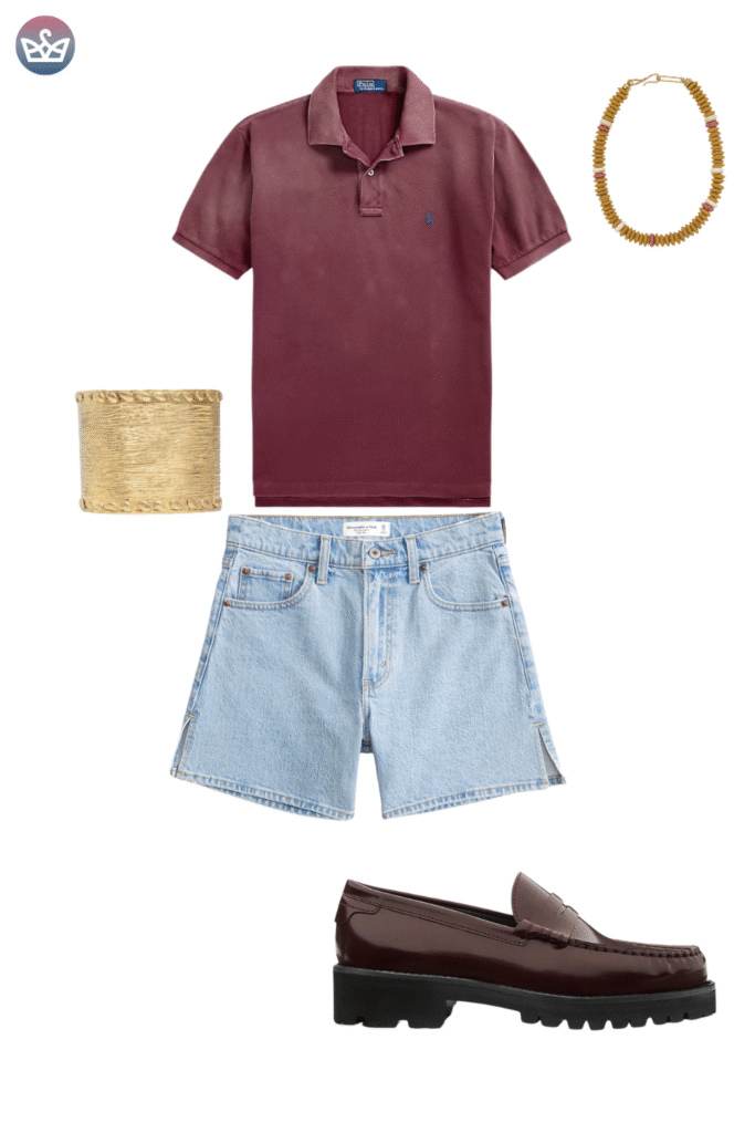 Preppy casual fall outfit idea with a burgundy polo shirt light wash denim cutoff shorts and gold jewelry The key footwear is a pair of trendy chunky dark brown lug sole loafers adding a structured masculine touch A perfect combination focusing on stylish and durable footwear for transitional weather