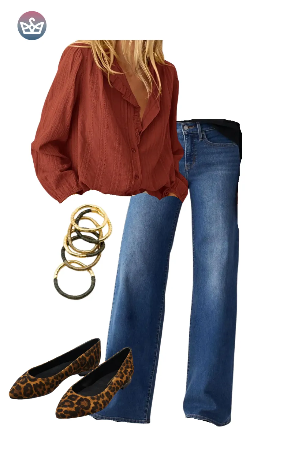 Rust blouse with denim jeans, gold bangles, and leopard flats for a simple fall look.