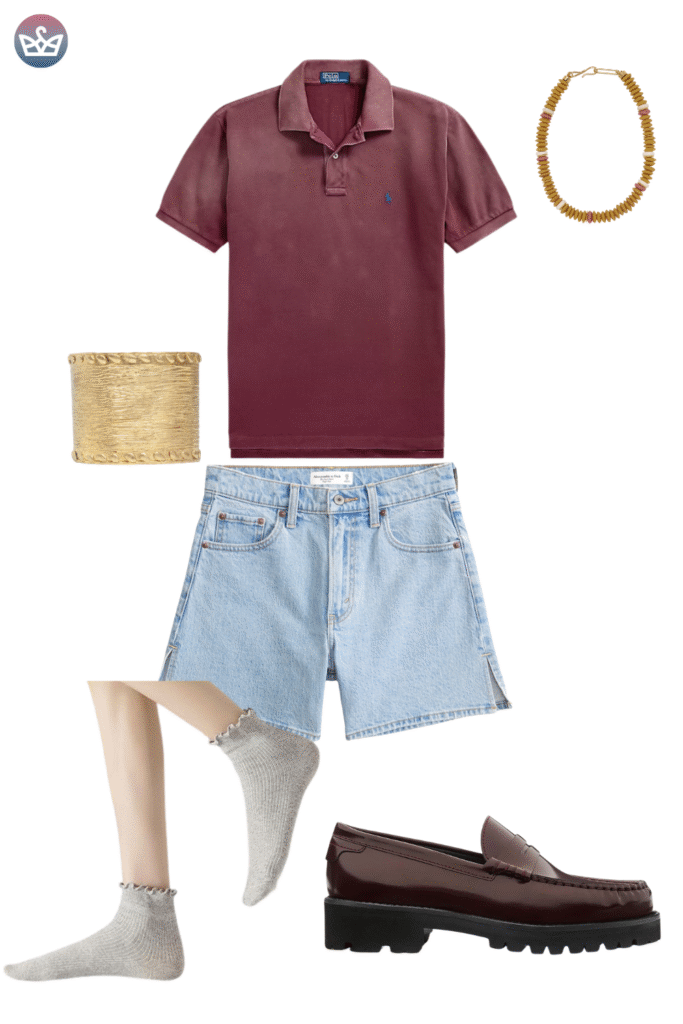 Preppy casual fall outfit idea with a burgundy polo shirt light wash denim cutoff shorts and gold jewelry The key footwear is a pair of trendy chunky dark brown lug sole loafers adding a structured masculine touch A perfect combination focusing on stylish and durable footwear for transitional weather
