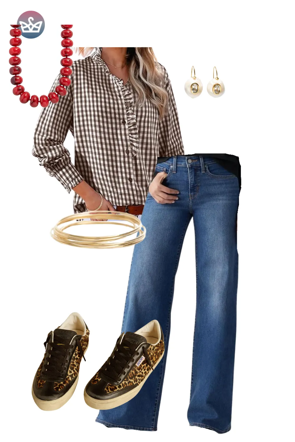 Brown gingham blouse styled with blue jeans, layered gold jewelry, and leopard sneakers.