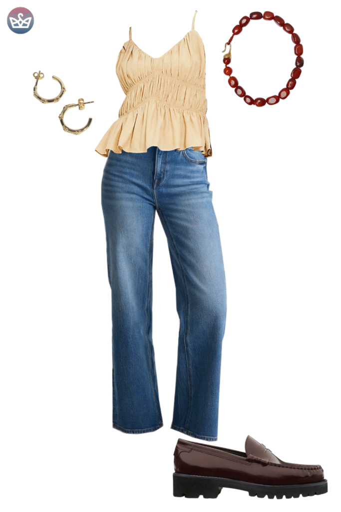 Effortless casual fall outfit featuring a textured tan knit camisole top high waisted dark wash straight leg jeans and a statement beaded burgundy necklace This ensemble is finished with chunky dark brown lug sole loafers highlighting the importance of comfortable yet fashionable footwear for everyday autumn style