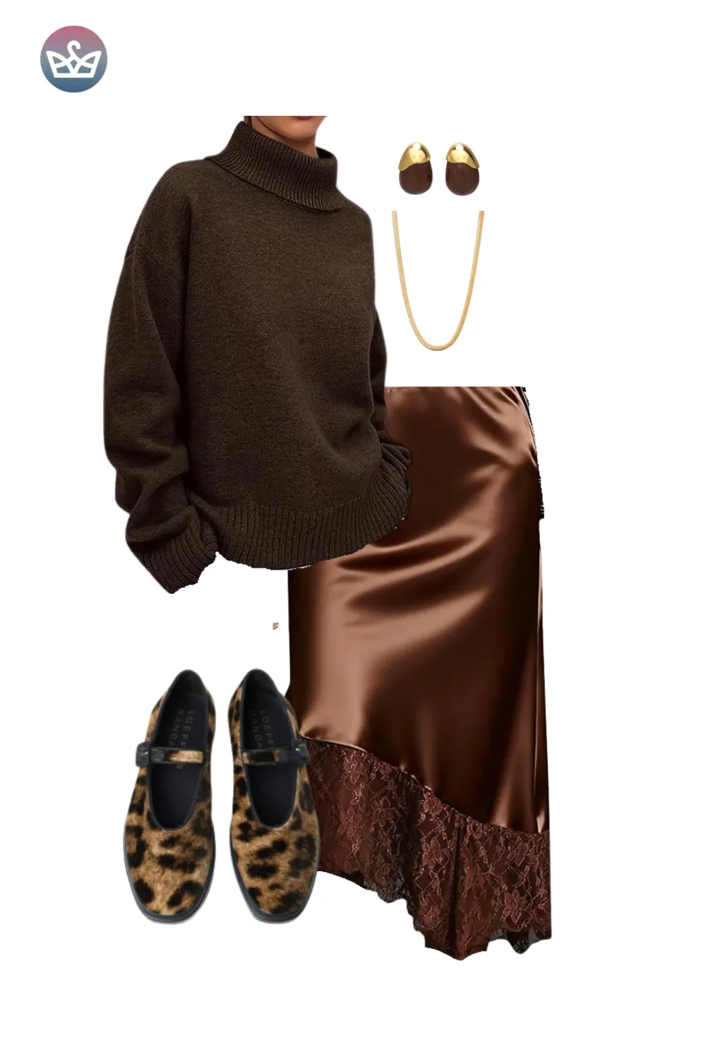 Chocolate turtleneck sweater with brown satin midi skirt and leopard flats.