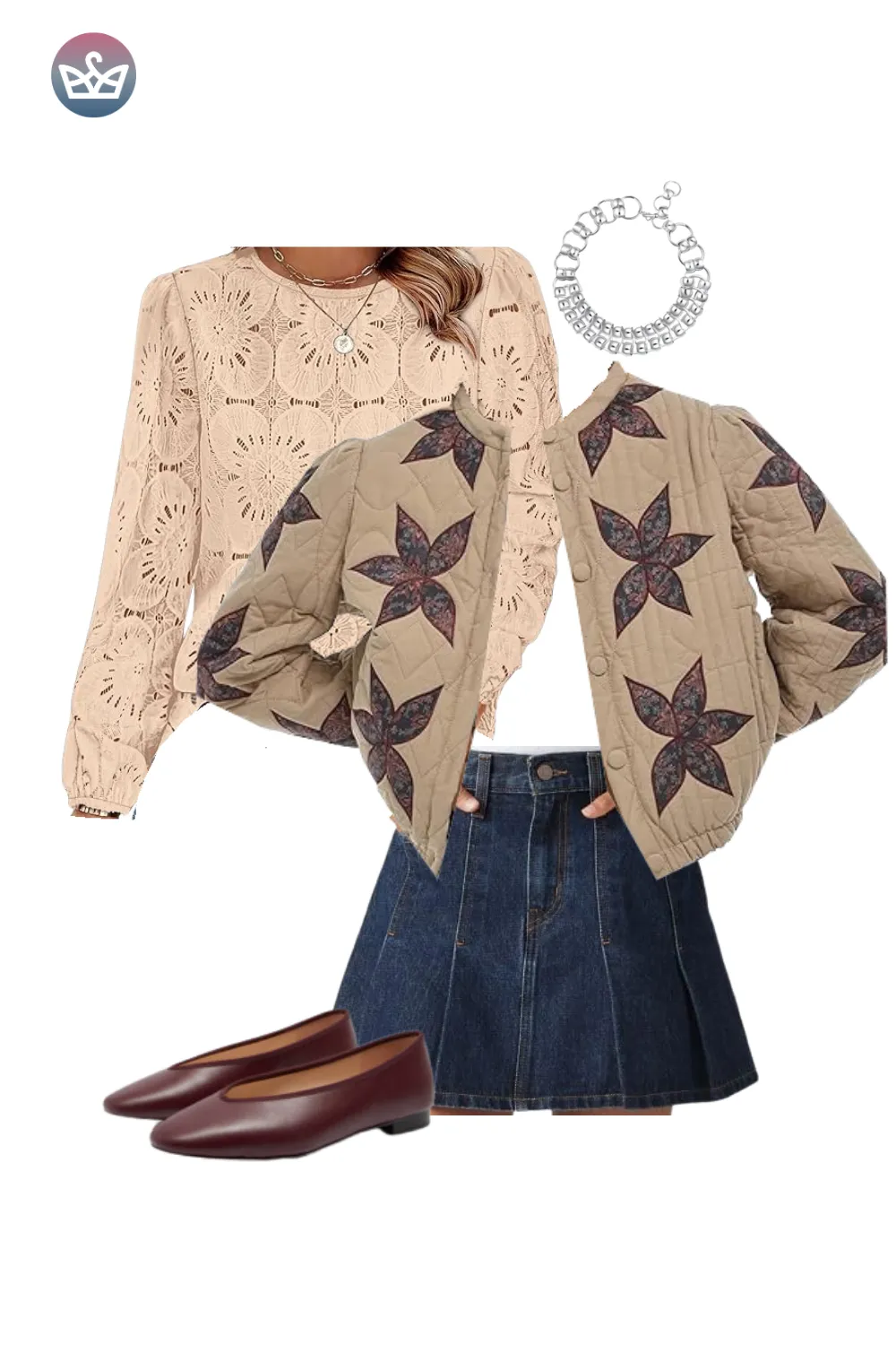 Cream printed blouse layered under star cardigan with denim skirt and brown flats.