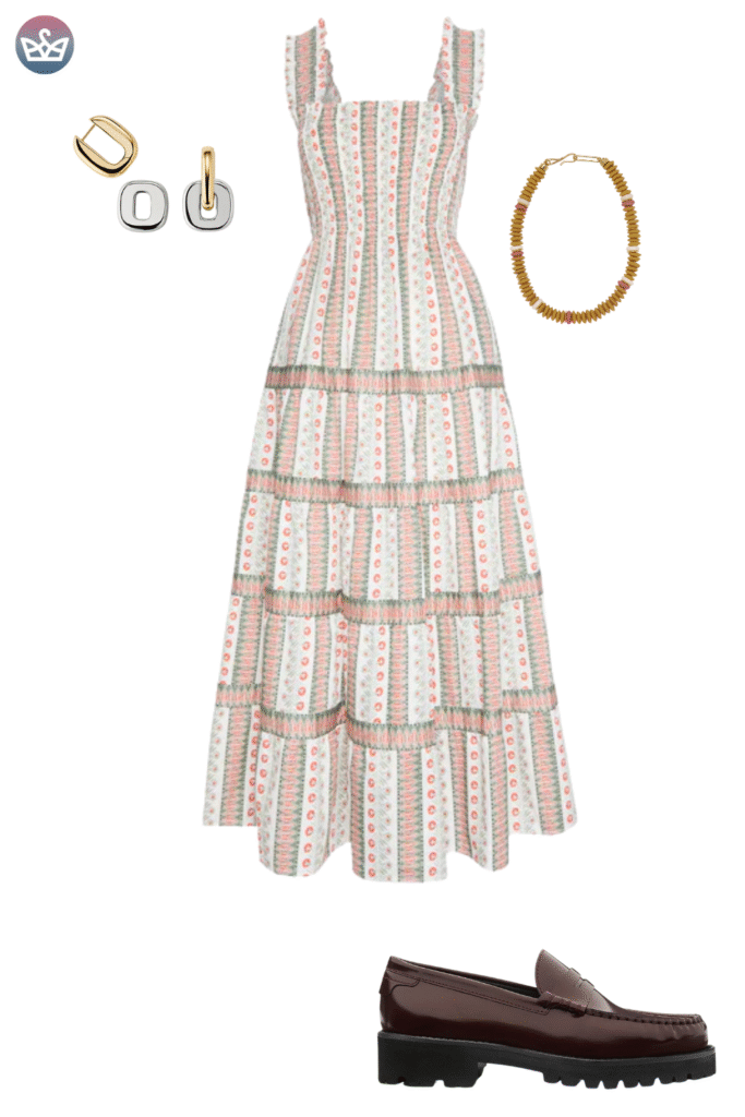 Charming tiered fall outfit featuring a white maxi dress with delicate red and beige stripes styled with simple gold hoop jewelry The dress is paired with chunky dark brown lug sole loafers creating an unexpected yet stylish contrast This look focuses on integrating sturdy trendy footwear with a flowy feminine dress silhouette for an autumn transition