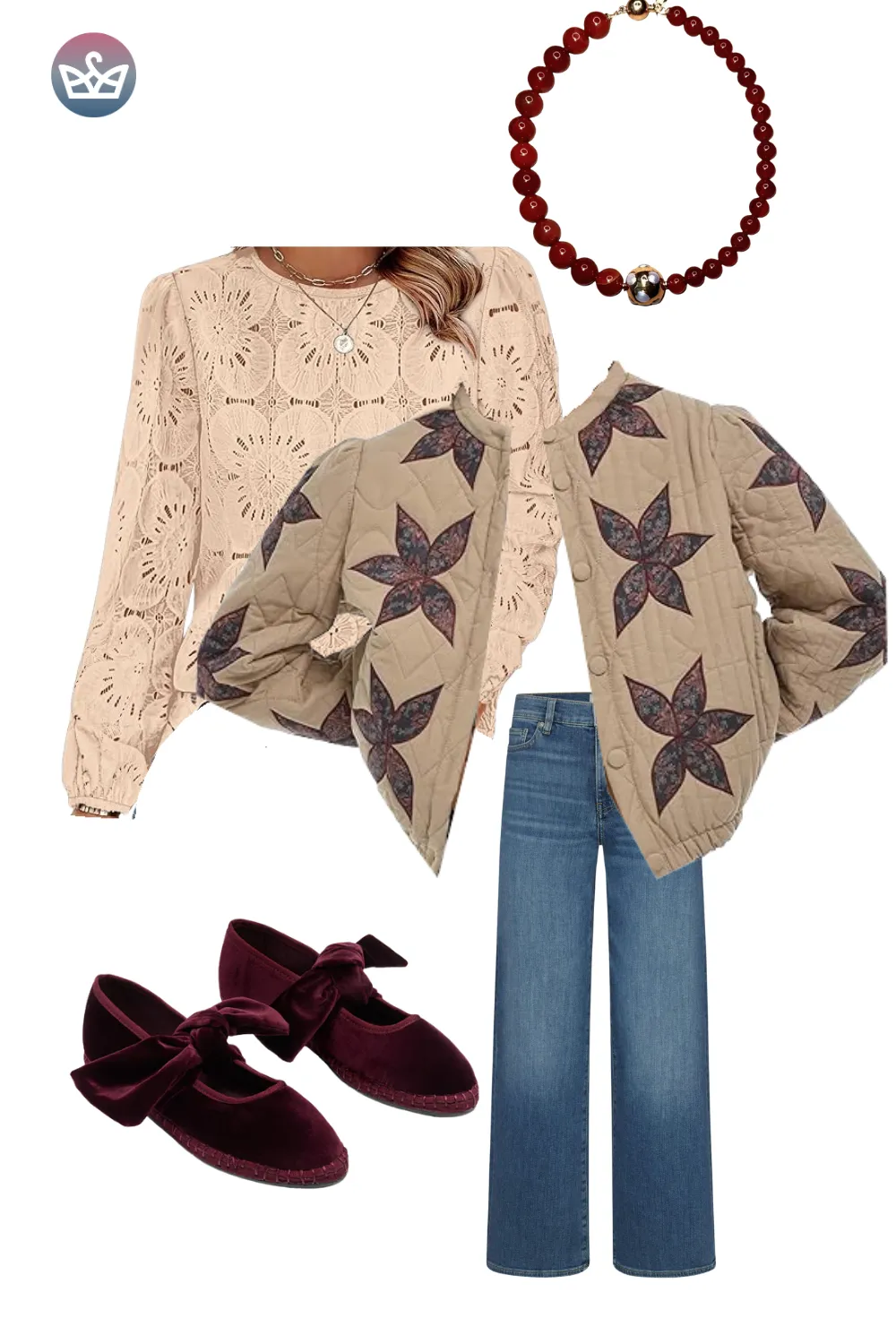 Cream printed blouse paired with star cardigan, jeans, and velvet burgundy flats.