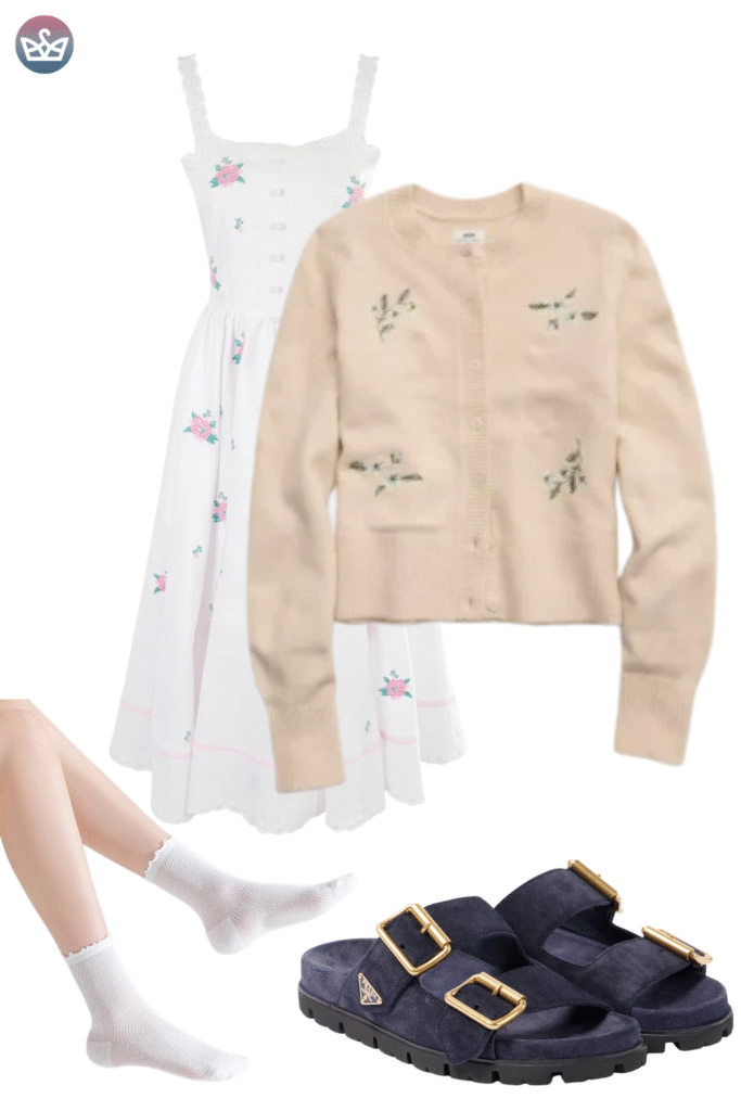 How to style cardigans over summer clothes cardigan outfit ideas that keep you cool and look pulled together 38 adjust my crown A sweet feminine outfit featuring a white midi sundress with pink rose embroidery It is layered with a cropped cream colored cardigan embroidered with small green and white florals The look is anchored by dark navy suede buckled slide sandals worn with white ruffled ankle socks