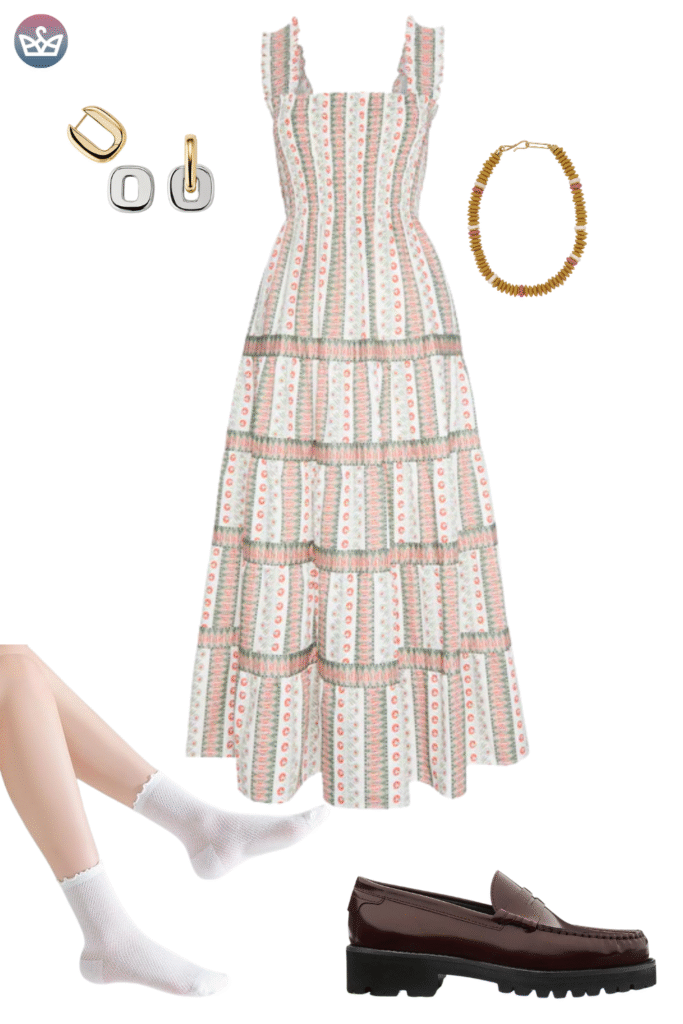 Charming tiered fall outfit featuring a white maxi dress with delicate red and beige stripes styled with simple gold hoop jewelry The dress is paired with chunky dark brown lug sole loafers creating an unexpected yet stylish contrast This look focuses on integrating sturdy trendy footwear with a flowy feminine dress silhouette for an autumn transition