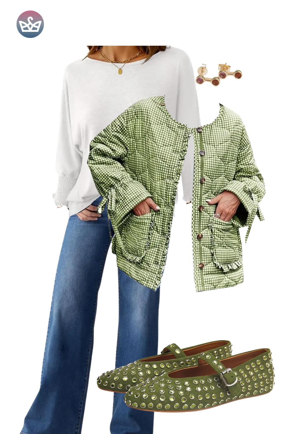 White sweater with green quilted jacket, blue jeans, and studded flats.