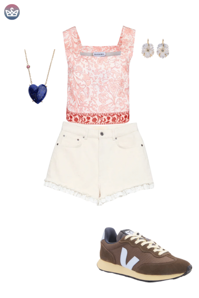 Cute and cozy fall outfit featuring a textured pink square neck crop top high waisted white denim shorts a heart shaped blue pendant necklace and stud earrings Styled with brown and white sneakers and ankle socks providing a casual and comfortable footwear option for a cool weather look