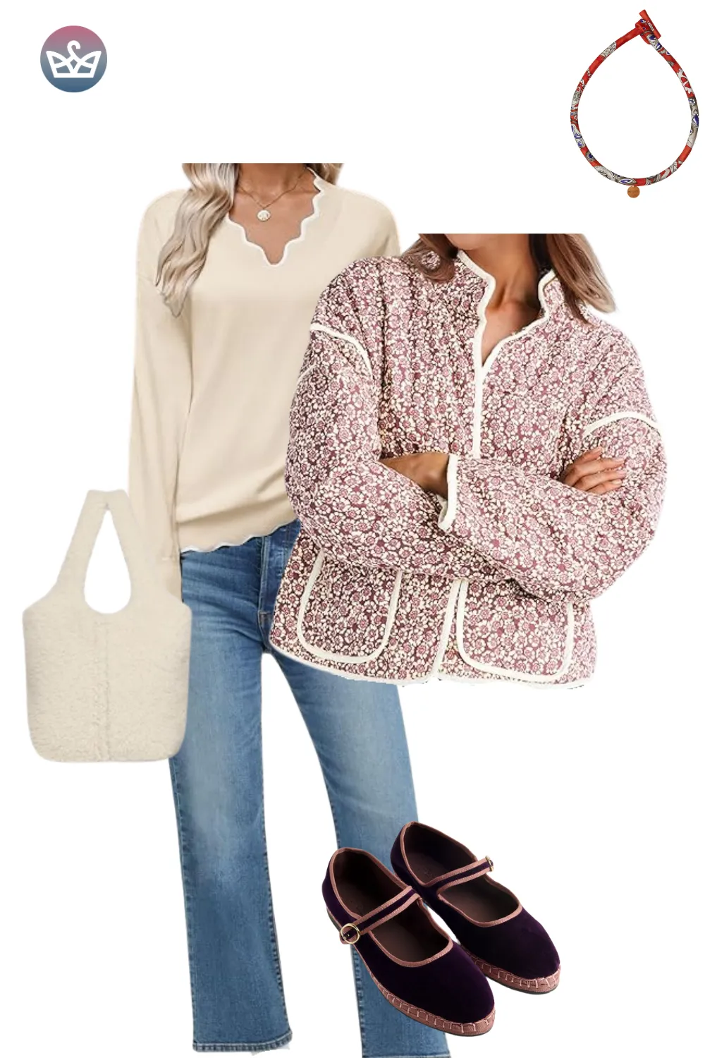 Cream sweater with pink quilted jacket, jeans, and plum loafers.