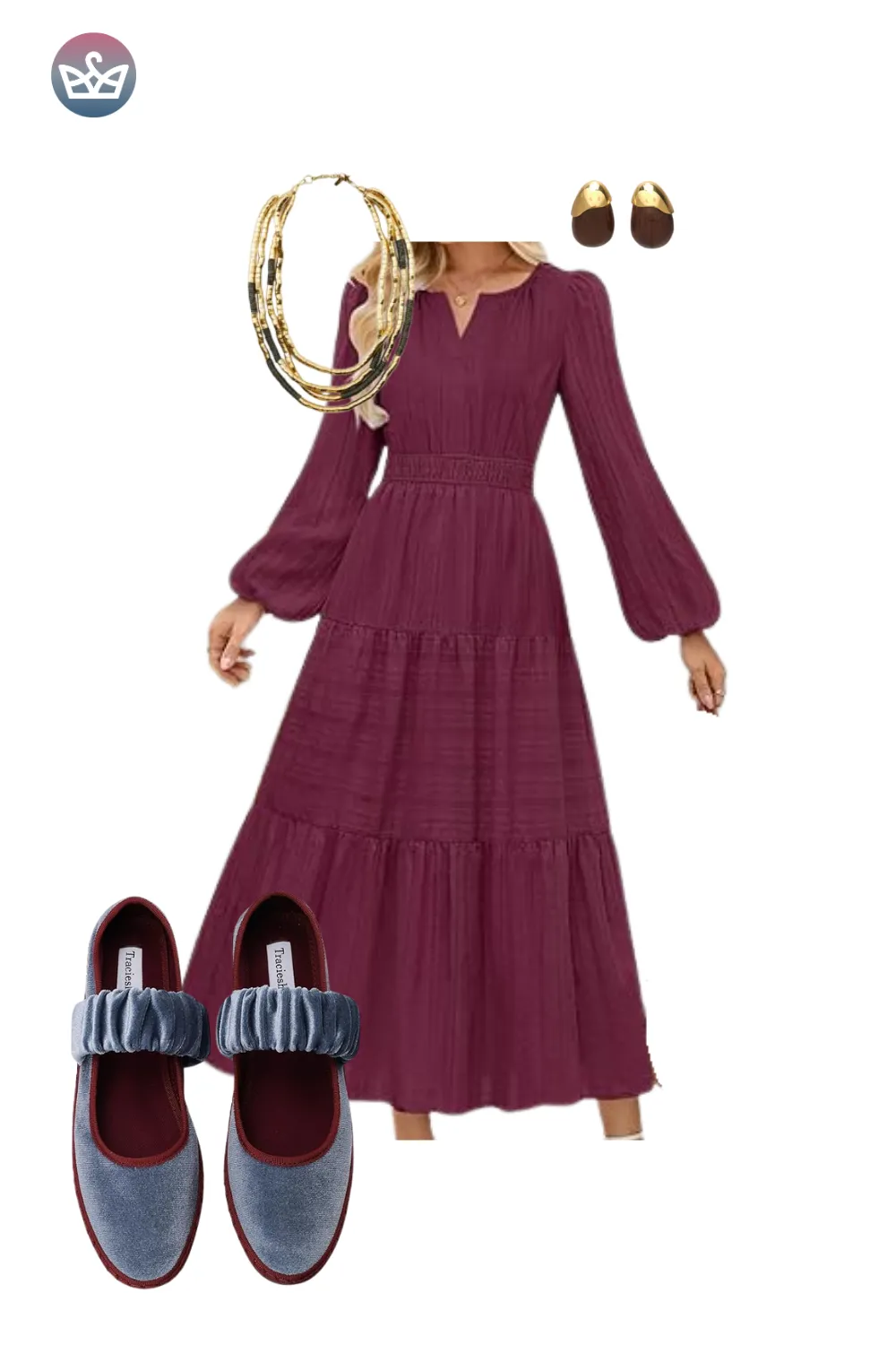 Plum long-sleeve tiered maxi dress with blue velvet Mary Janes and layered gold necklace. Caption: Romantic plum maxi dress paired with soft velvet shoes for a polished Amazon Fashion Thanksgiving Outfit.