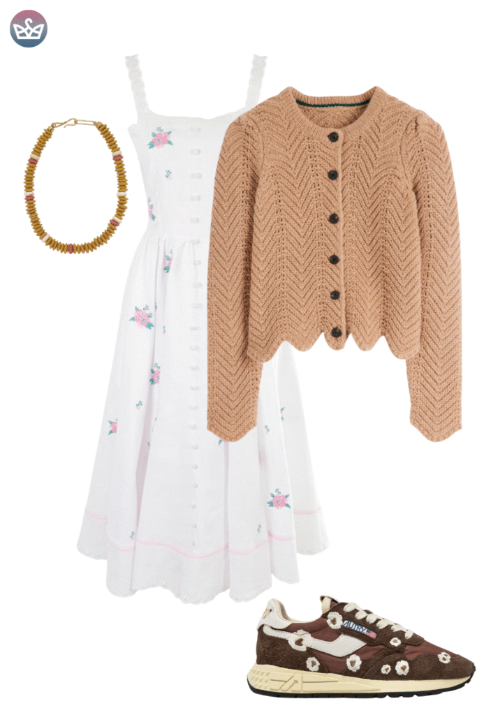 How to style cardigans over summer clothes cardigan outfit ideas that keep you cool and look pulled together 4 adjust my crown A cute and sporty cardigan outfit idea featuring a white sun dress with small pink floral embroidery and a scallop edged tanbrown chevron knit cardigan The look is unexpectedly paired with dark brown sneakers decorated with white flower appliqués and a beaded wood necklace