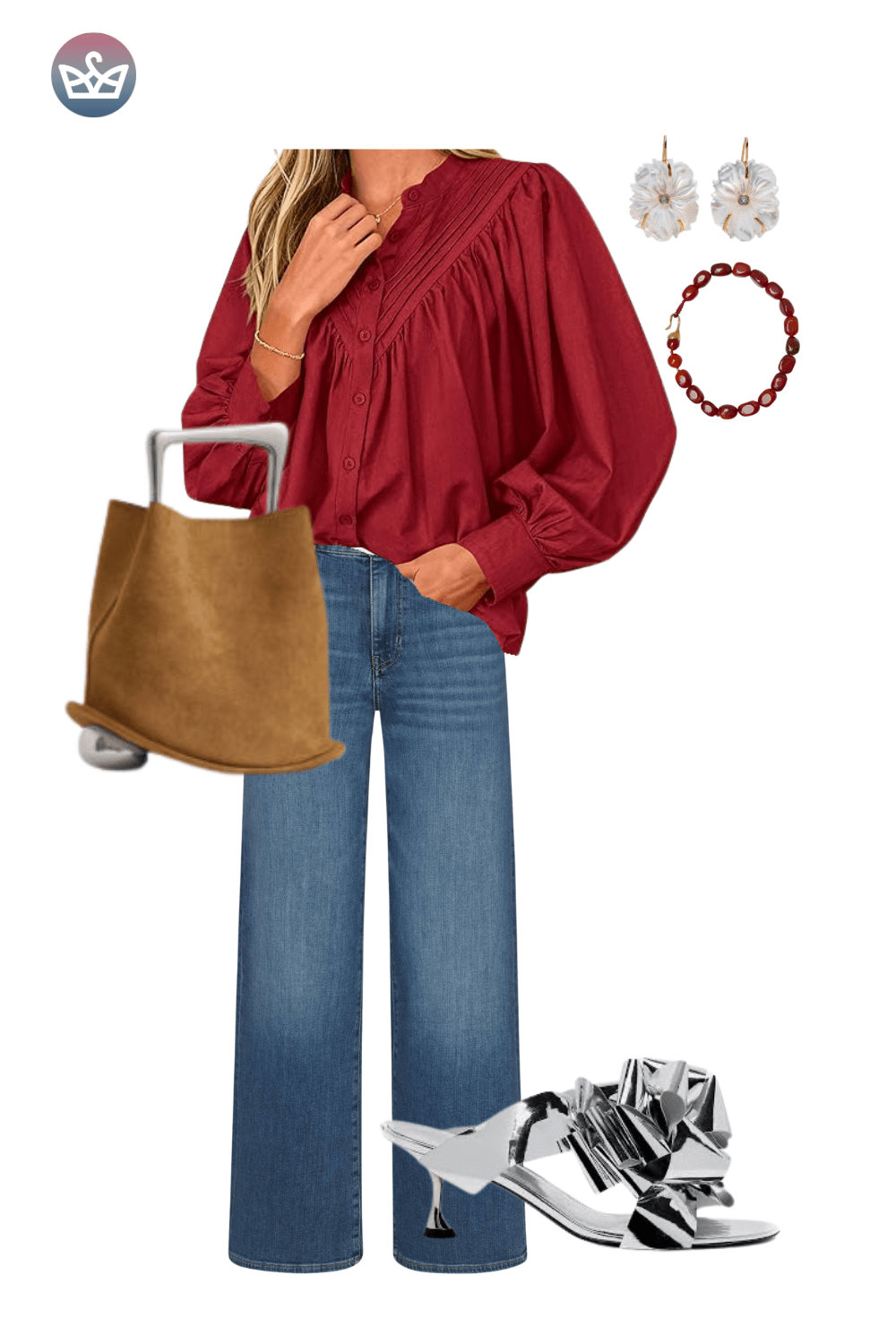 Red puff sleeve blouse, wide-leg jeans, white sneakers, and a brown suede bag.