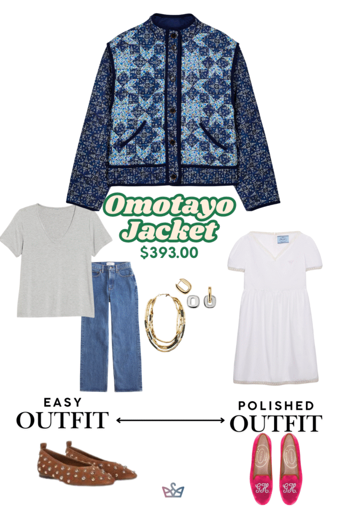 A guide to styling a blue patterned jacket from a collection of winter coats for women The easy outfit shows it with a t shirt jeans and flats The polished outfit matches it with a white dress and pink ballet flats