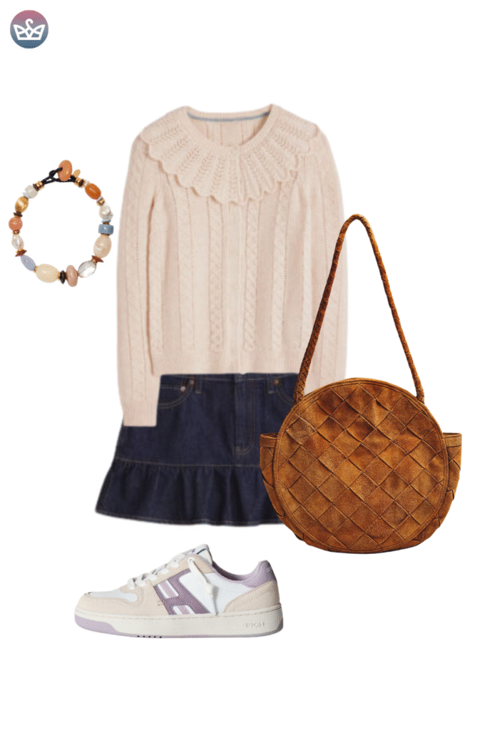 12 must have suede bags for fall that will elevate any outfit 4 adjust my crown A round woven straw bag adding a natural texture to a preppy outfit with a cream blouse and navy skirt