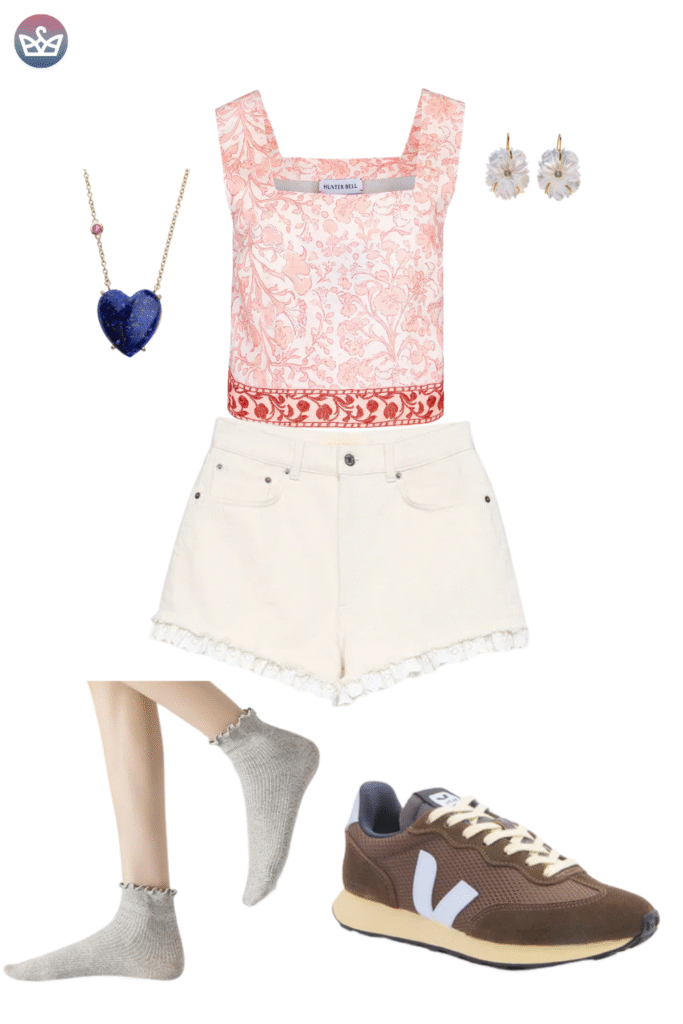 Cute and cozy fall outfit featuring a textured pink square neck crop top high waisted white denim shorts a heart shaped blue pendant necklace and stud earrings Styled with brown and white sneakers and ankle socks providing a casual and comfortable footwear option for a cool weather look