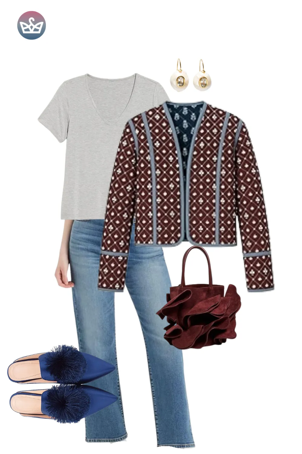 Gray tee with red printed cardigan, jeans, and navy flats for a casual fall outfit.