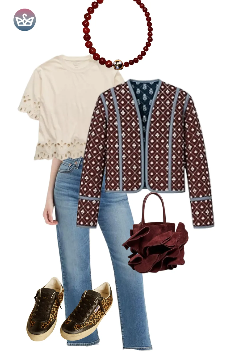 Red patterned cardigan over beige top with jeans and gold sneakers.