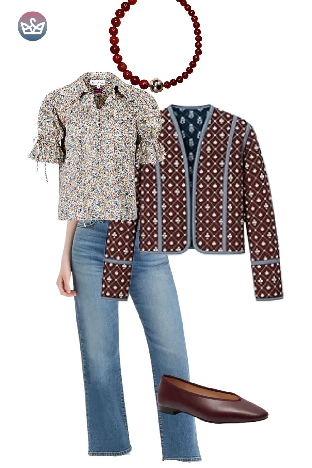 Printed cardigan over floral blouse with jeans and brown flats.