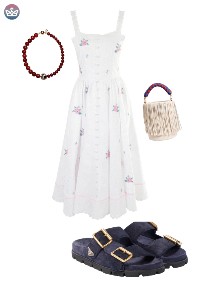 Charming early fall outfit with a white embroidered floral midi dress and a woven basket bag The look is styled with trendy dark navy suede double strap sandals like birkenstocks The focus is on embracing comfortable walkable footwear for a relaxed autumn aesthetic perfect for styling with socks on cooler days