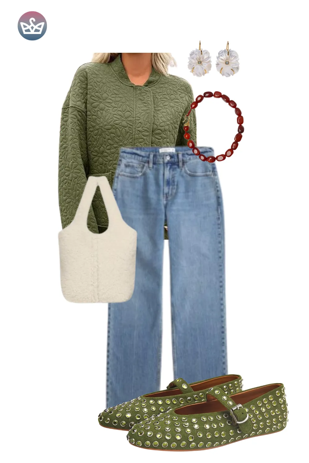 Olive green sweater with wide-leg jeans and green studded flats.