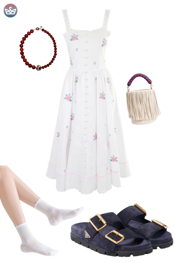 Charming early fall outfit with a white embroidered floral midi dress and a woven basket bag The look is styled with trendy dark navy suede double strap sandals like birkenstocks The focus is on embracing comfortable walkable footwear for a relaxed autumn aesthetic perfect for styling with socks on cooler days