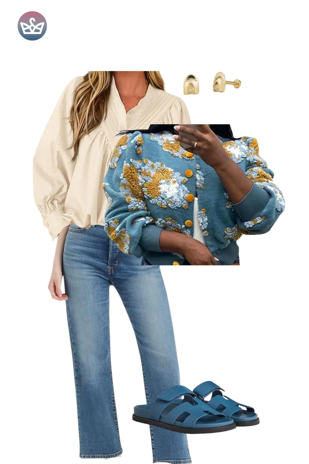 Cream blouse with jeans and blue slide sandals for a fresh fall outfit.